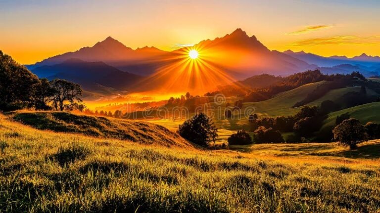 aurinko nousee horisontin takaa maiseman ylla