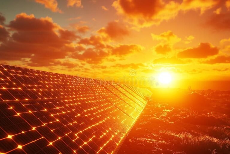 aurinkopaneelit auringonlaskussa energian symbolina