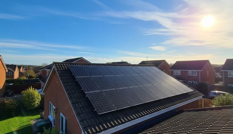 Miten Aurinkopaneelit Toimivat Sähkölämmitteisen Talon Energian Lähteenä 41 aurinkopaneelit kattopinnalla kirkkaassa auringonpaisteessa