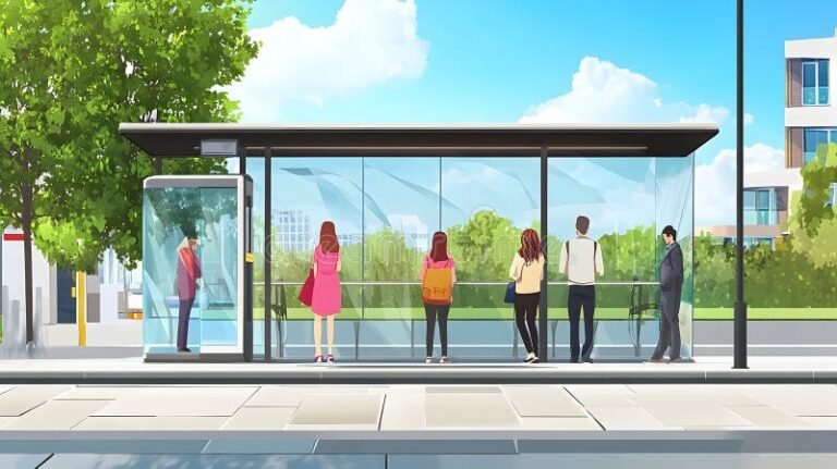 bussipysakki odottajineen kirkkaana paivana