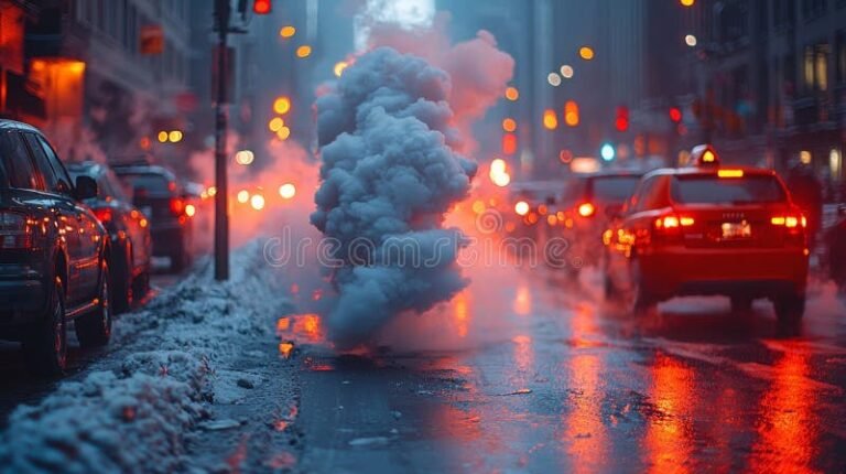 dieselauto savu nousee kaupungin taustalla