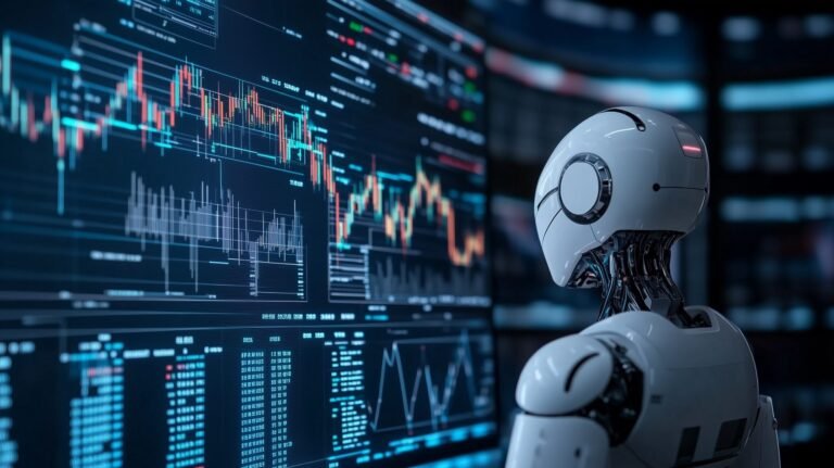 futuristinen tekoaly robotti analysoi porssikursseja