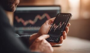 henkilo tutkii sijoitussovellusta alypuhelimella