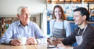 hymyileva asiakaspalvelija auttamassa paikallista perhetta