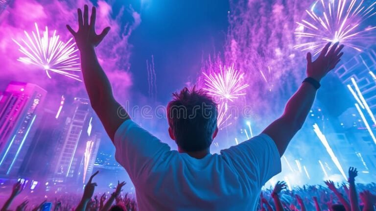 ihmisia juhlimassa ilotulitusten alla