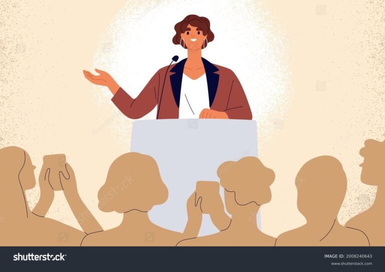 iloinen puhuja juhlapuheessa ystavien ymparoimana