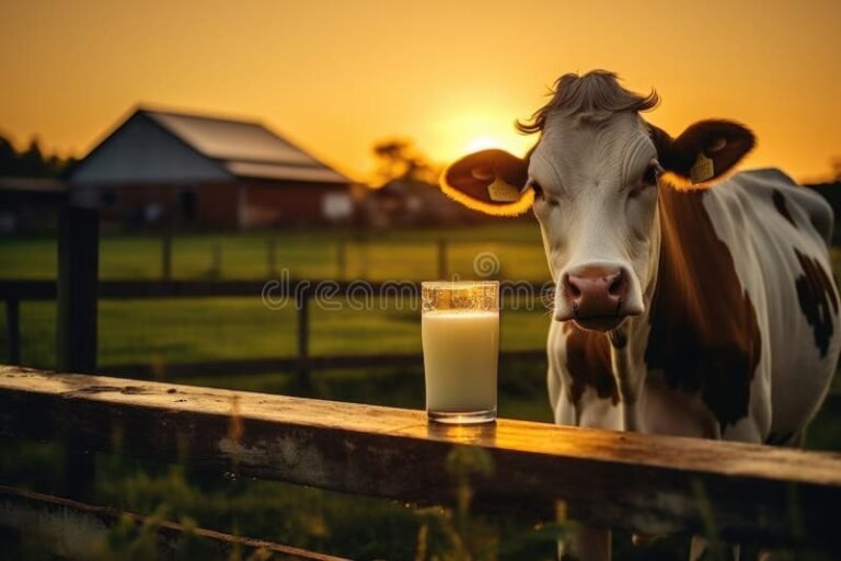 lehma ruokinnassa ja maitokuppi edessa