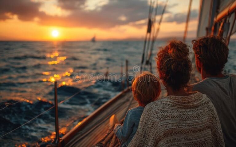 perhe purjeveneella auringonlaskussa