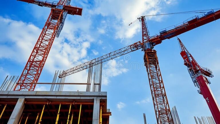 rakennustyomaa ja nosturit kirkasta taivasta vasten