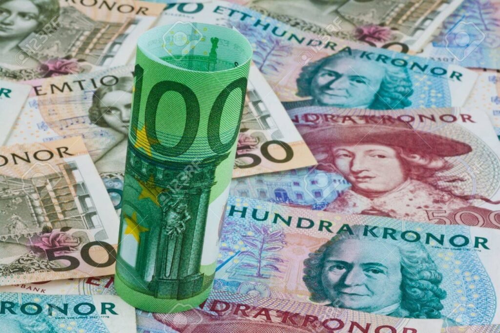 ruotsin kruunua ja euroseteleita yhdessa