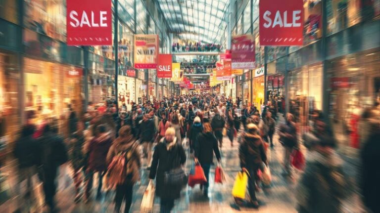 Miksi Black Fridayn hintojen nousu huolestuttaa kuluttajia 9 ruuhkainen ostoskeskus ihmisilla ja alennuskyltteja