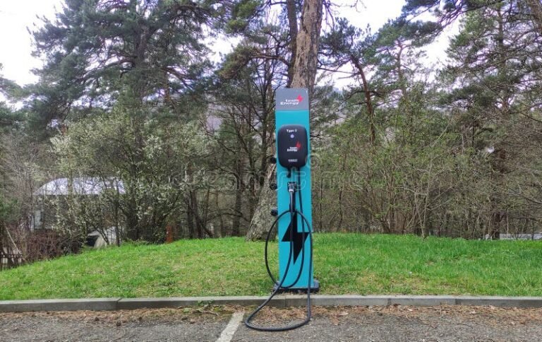 sahkoauto lataamassa metsaisella parkkipaikalla