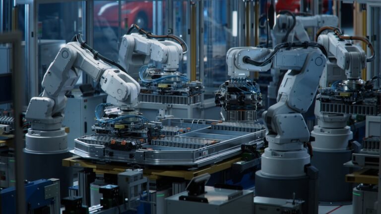 teollisuusrobotit tyoskentelemassa modernissa tehtaassa