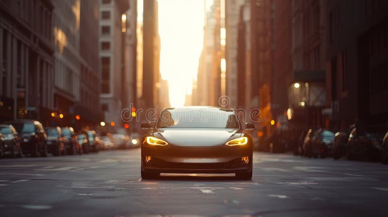 tesla auto kaupunkimaisemassa auringonlaskussa