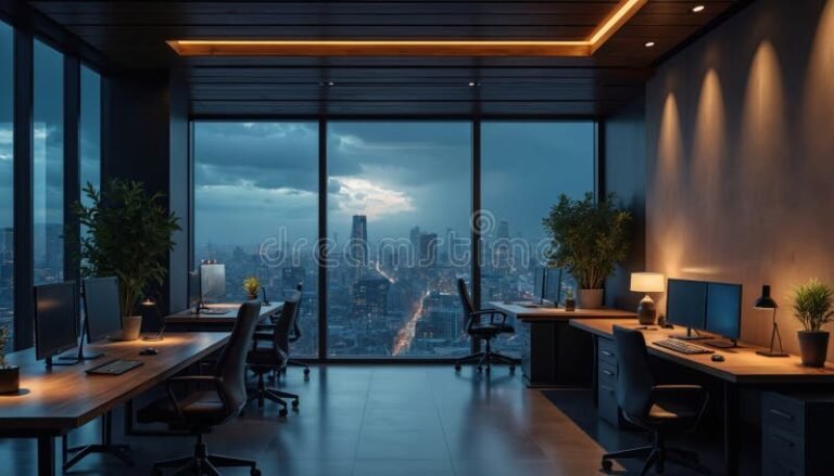 tyhja toimiston tyopoyta ja sulkeutuvat valot