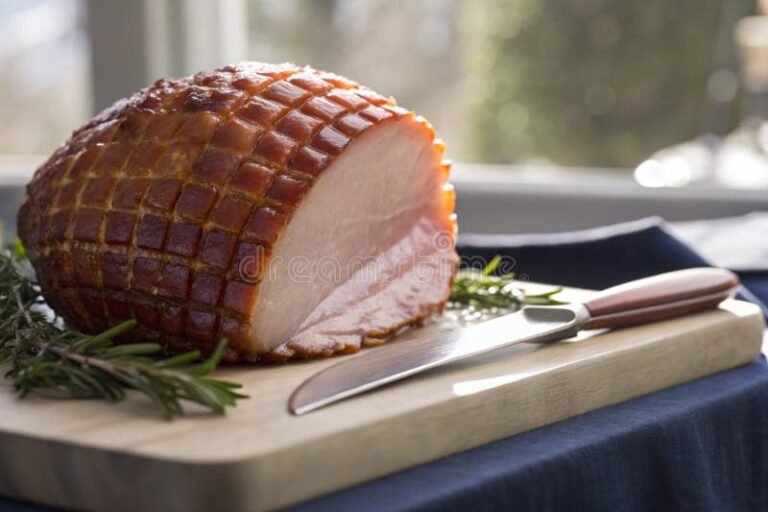 uunista otettu hoyryava kinkku leikkuulaudalla