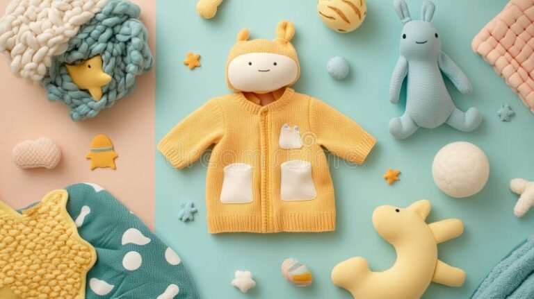 vauvan vaatteita ja leluja pehmealla taustalla